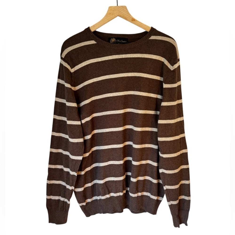 Oleg Cassini Men’s Preppy Brown Striped Cotton Cashmere Sweater Size XL